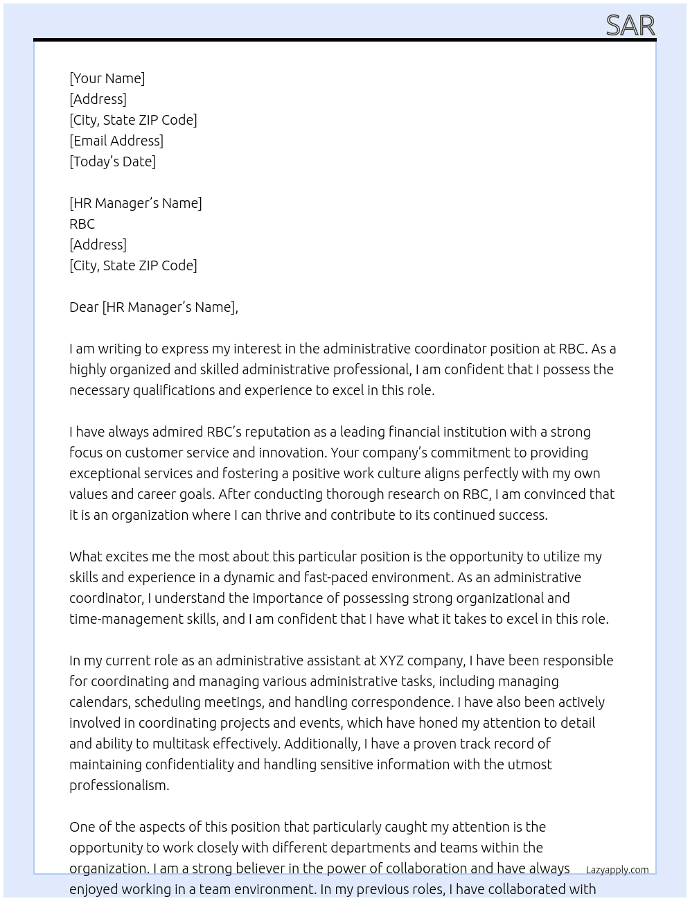 administrative coordinator At RBC Cover Letter