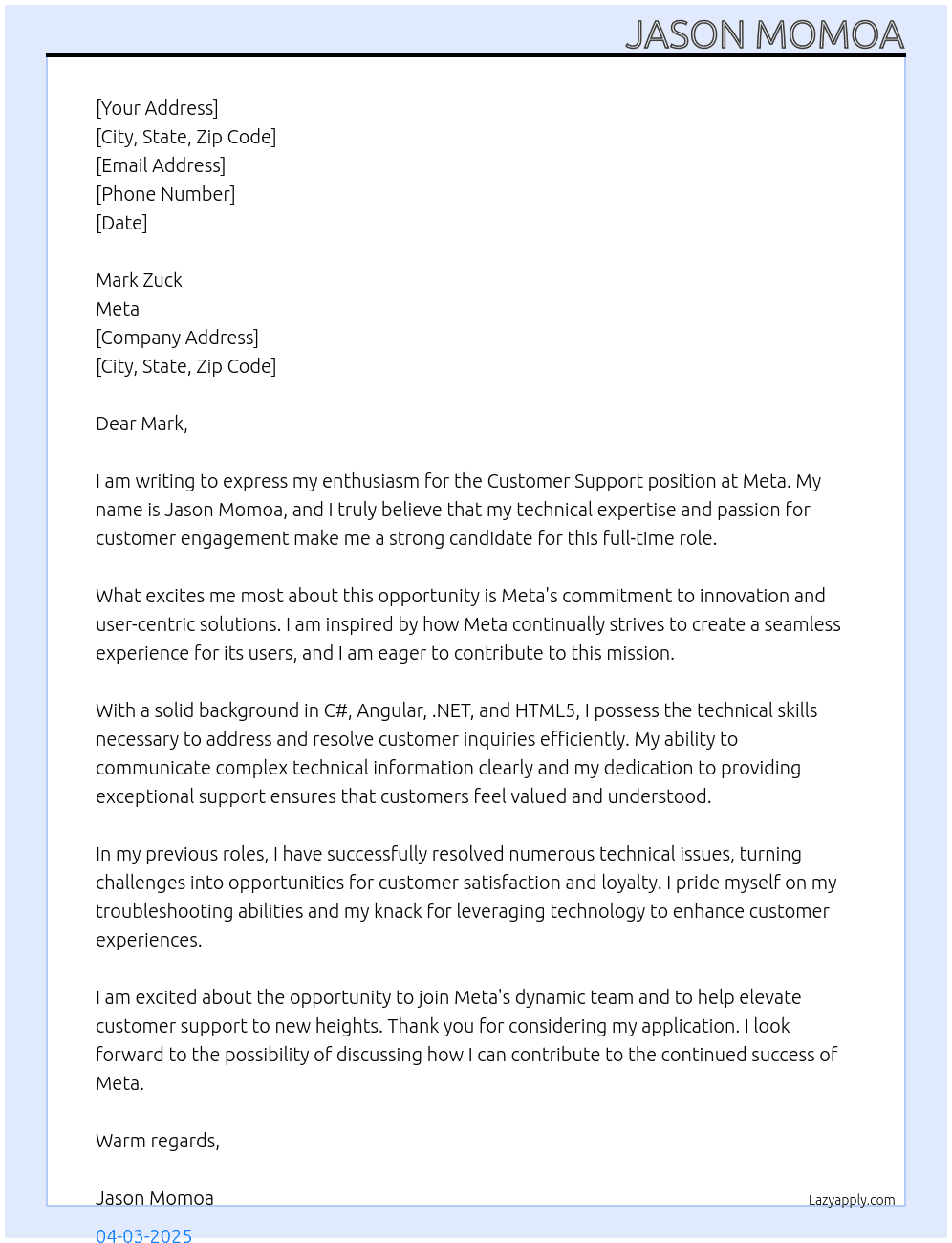 Customer Support At Meta Cover Letter