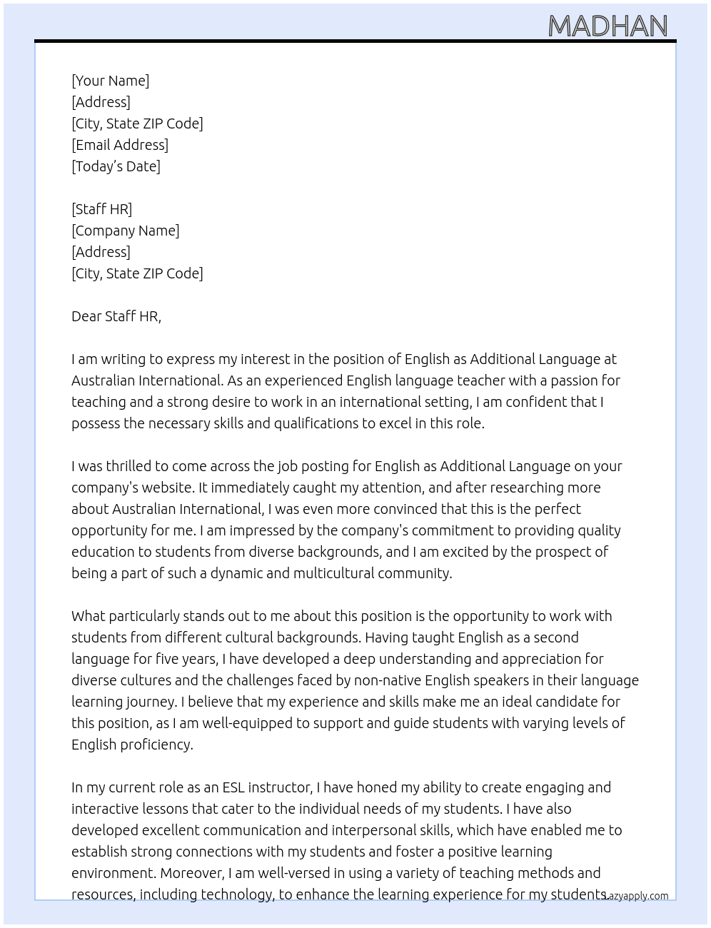 English as Additional Language  At Australian international  Cover Letter