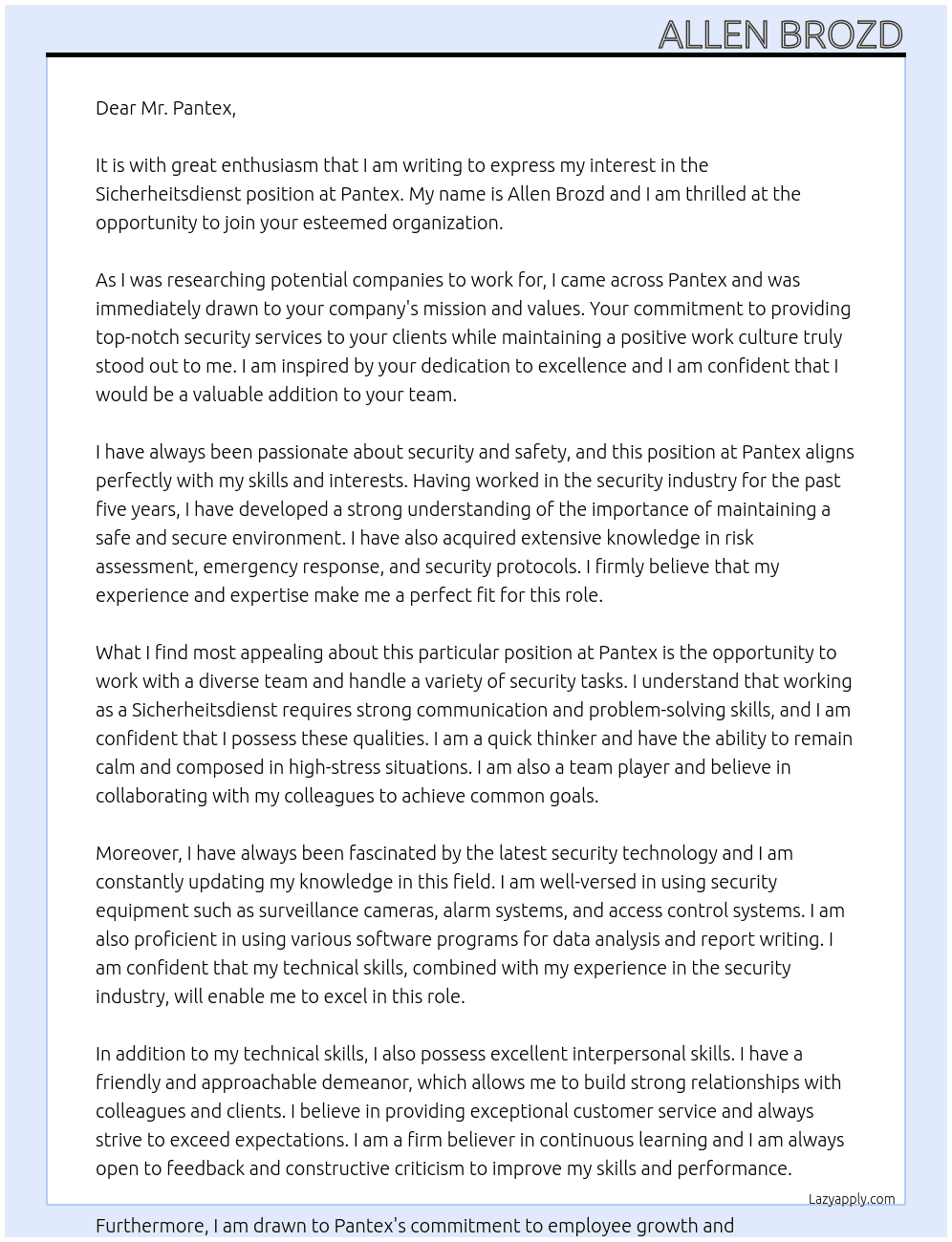 sicherheitsdienst  At Pantex Cover Letter