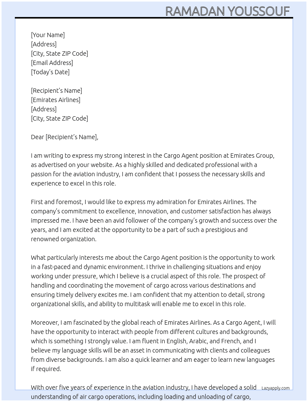 Cargo agent  At Emirates group  Cover Letter