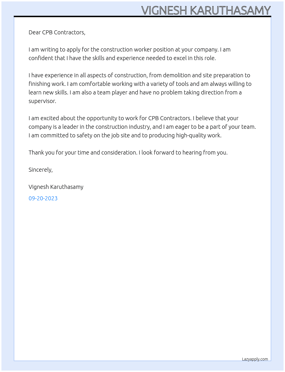 Construction worker At CPB CONTRACTORS Cover Letter