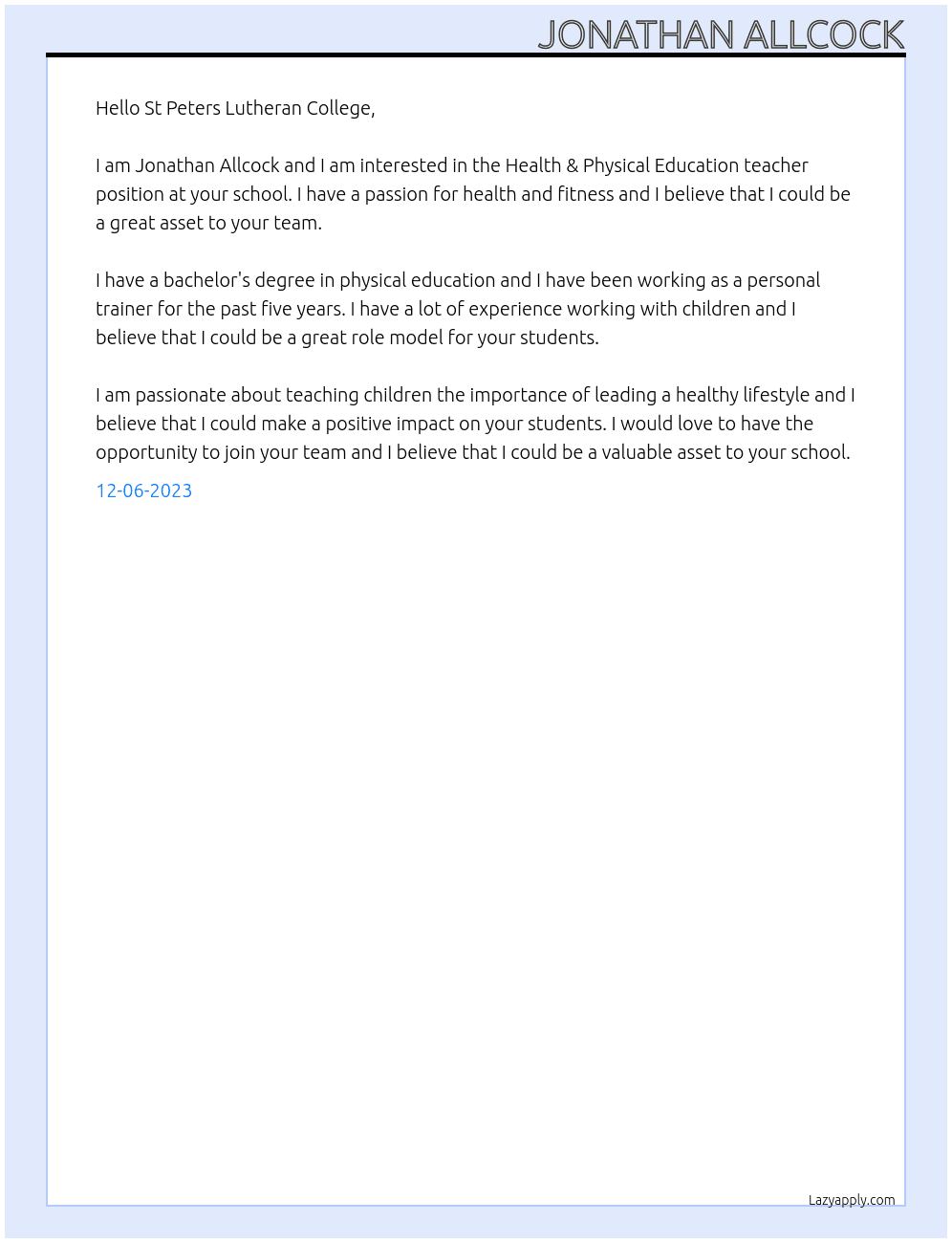 Health & Physical Education teacher  At St Peters Lutheran College Cover Letter