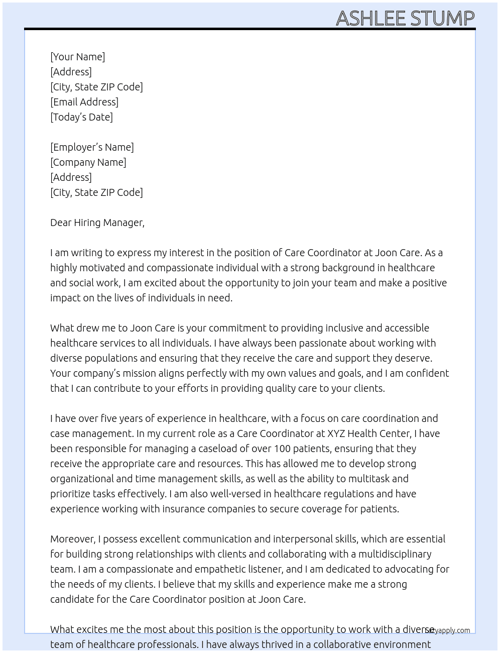 Care Coordinator At Joon Care Cover Letter