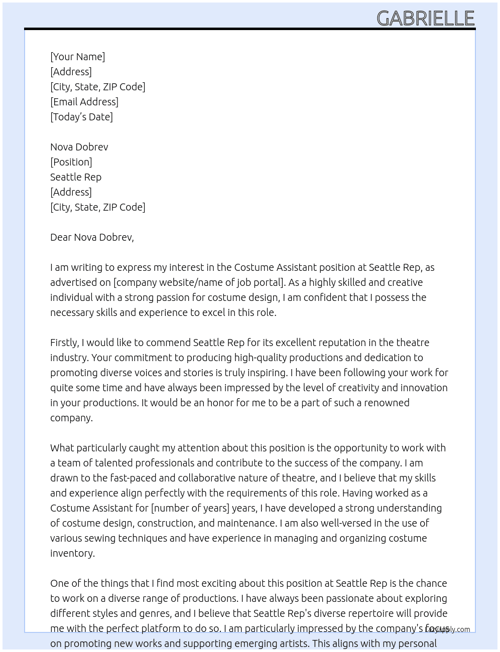 Costume assistant At seattlerep Cover Letter