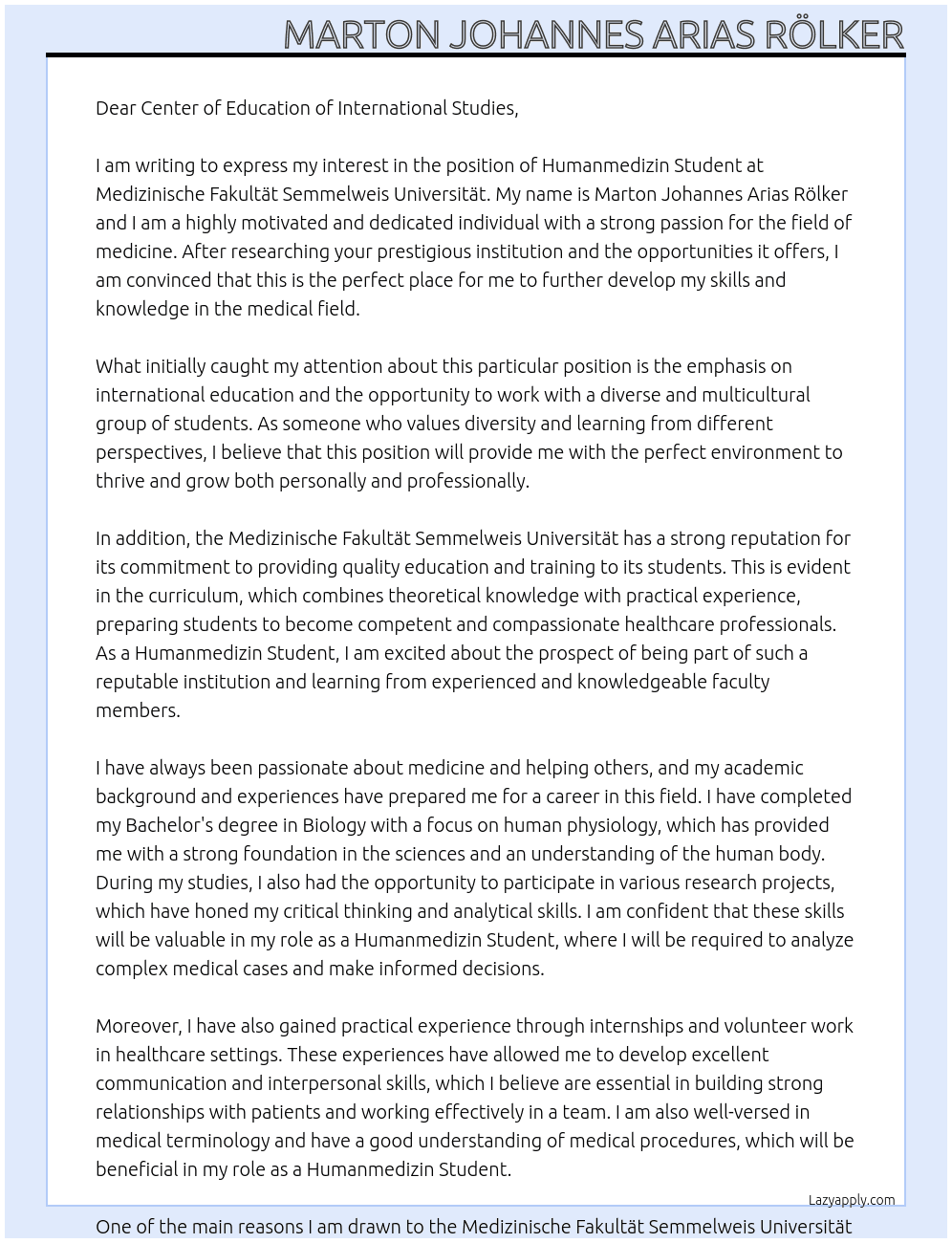 Humanmedizin Student At Medizinische Fakultät Semmelweis Universität Cover Letter