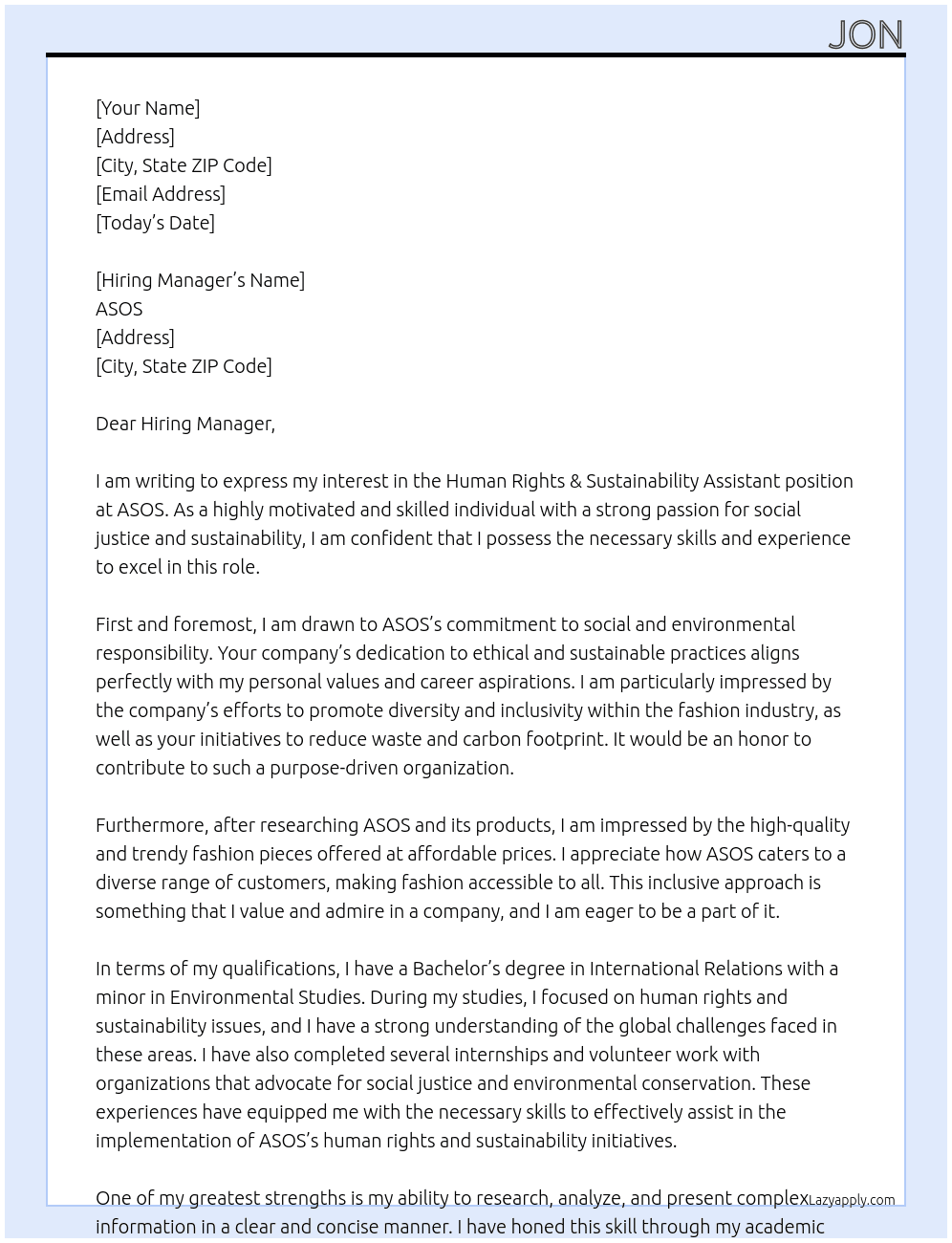 Human rights & sustainability assistant  At asos Cover Letter