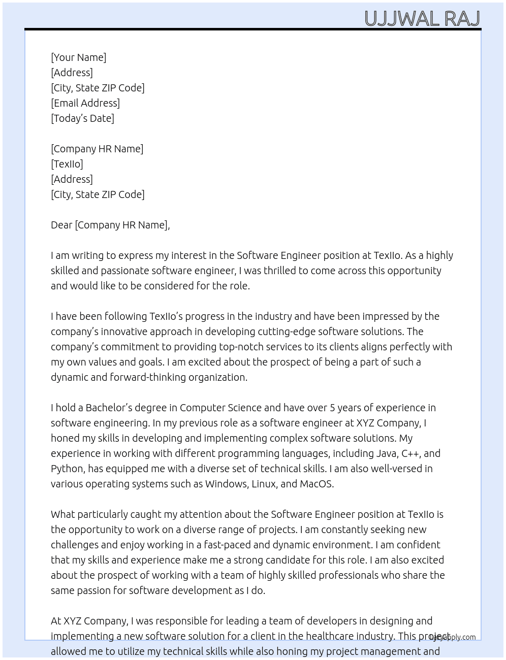 Software Engineer  At TexIIo Cover Letter