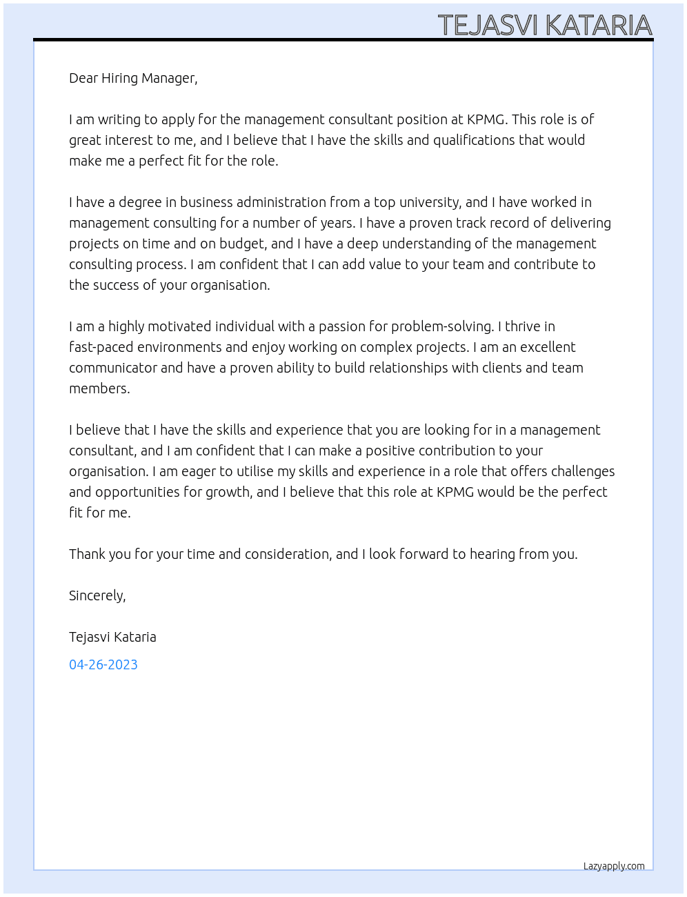 Management Consultant  At KPMG Cover Letter