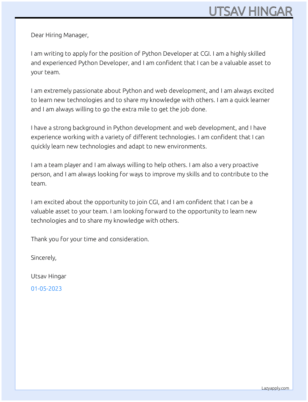 Python Developer At CGI Cover Letter