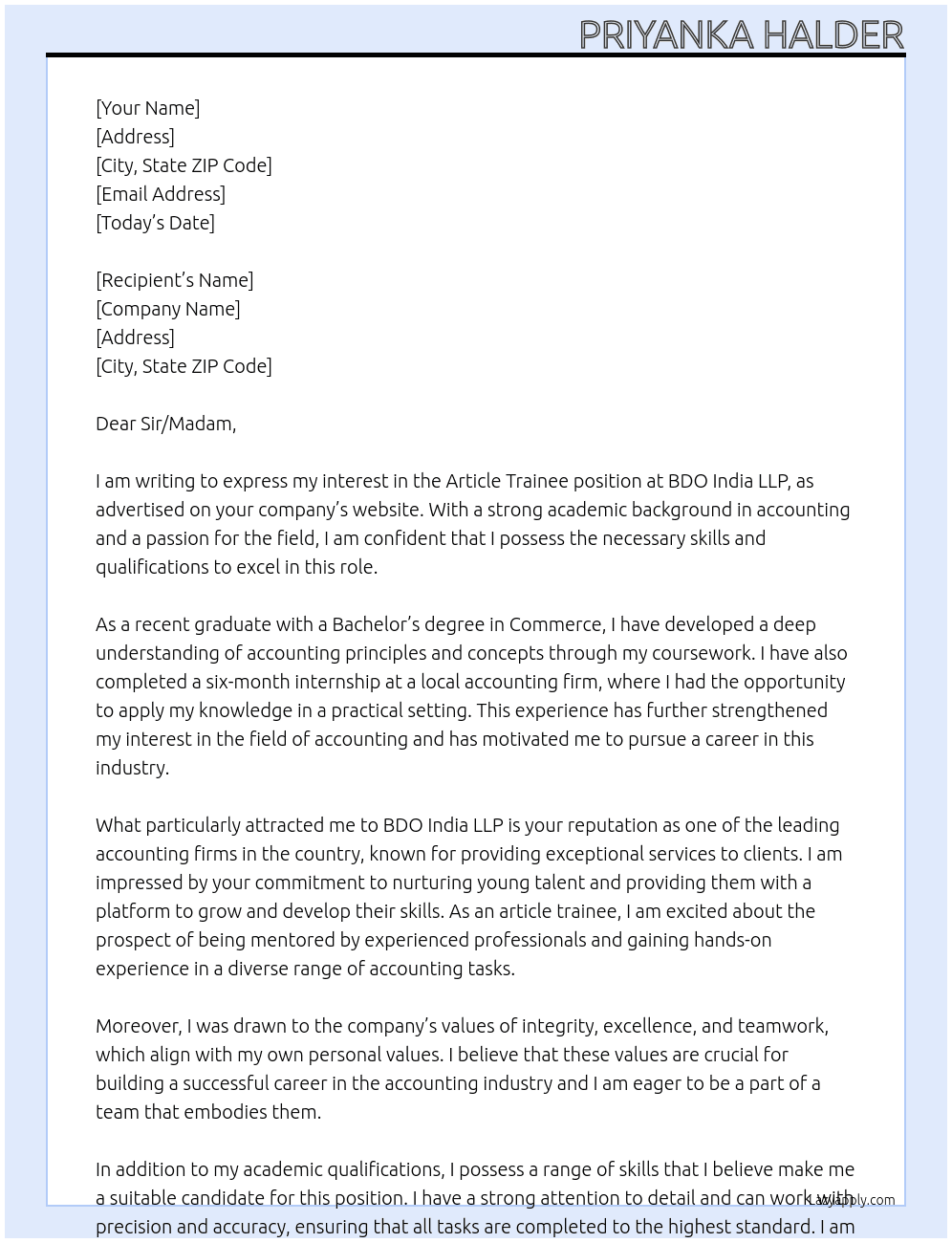 Article trainee  At BDO India LLP Cover Letter