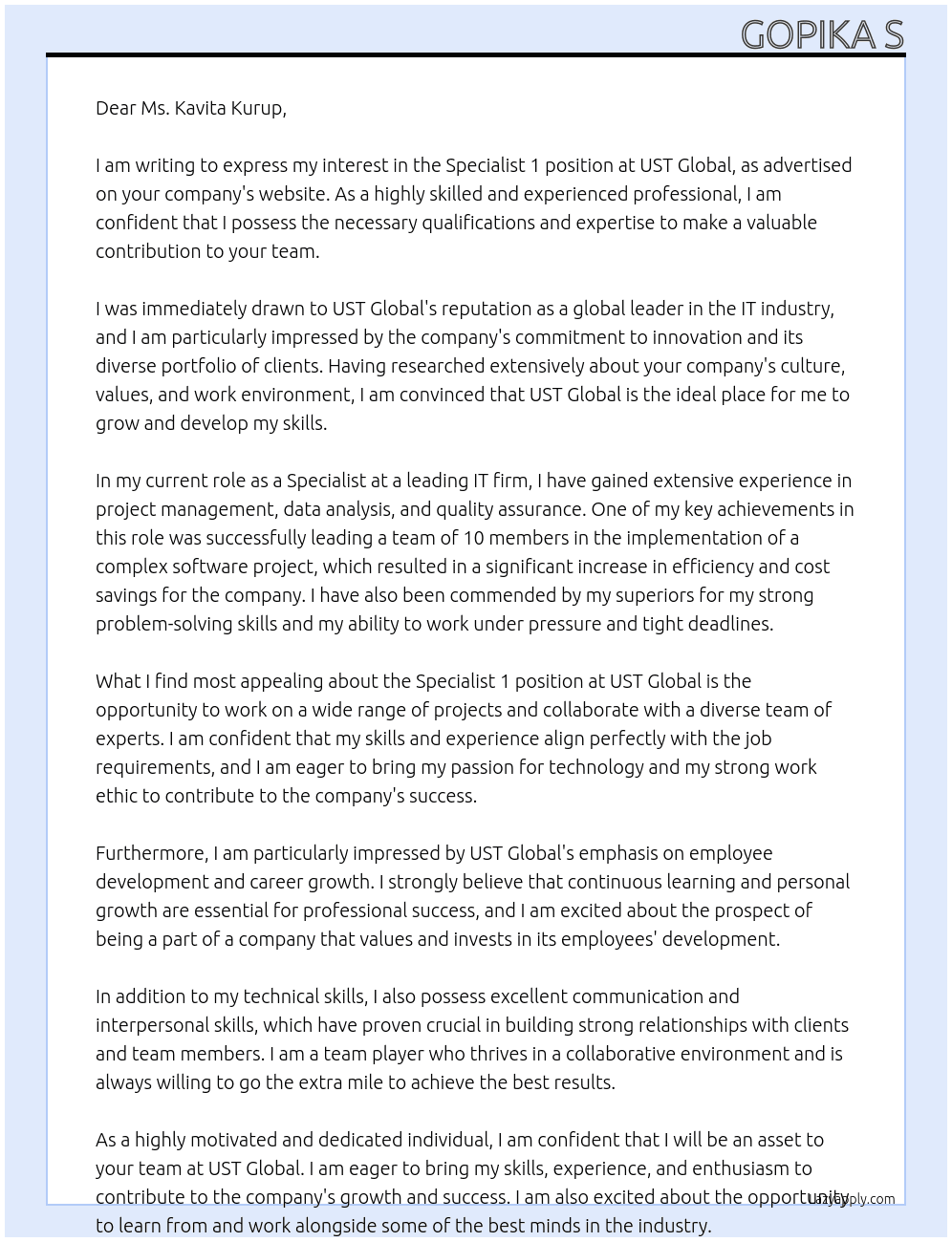 Specialist 1 At UST Global Cover Letter