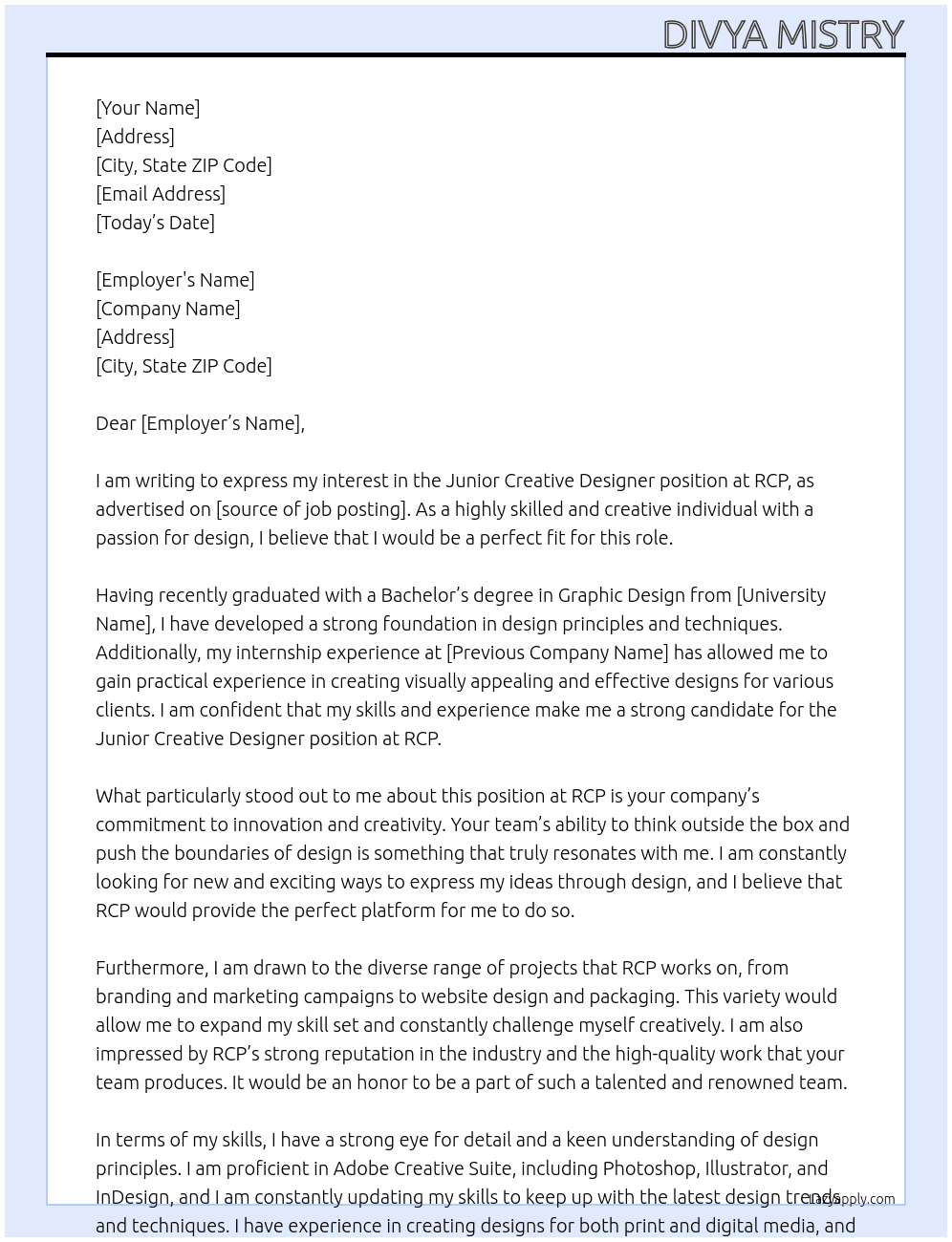 Junior Creative Designer At RCP Cover Letter