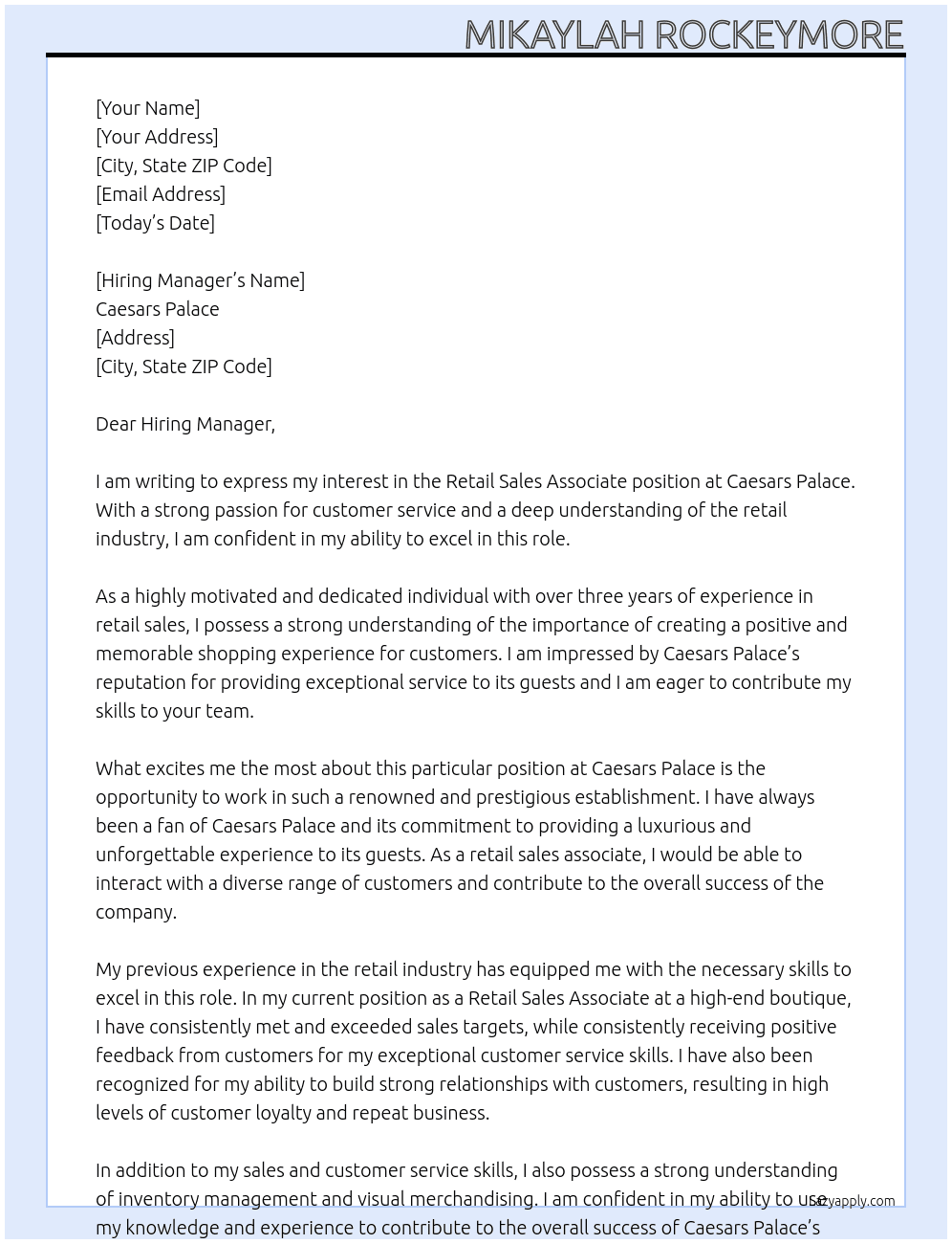 Retail Sales Associate At Caesars Palace Cover Letter