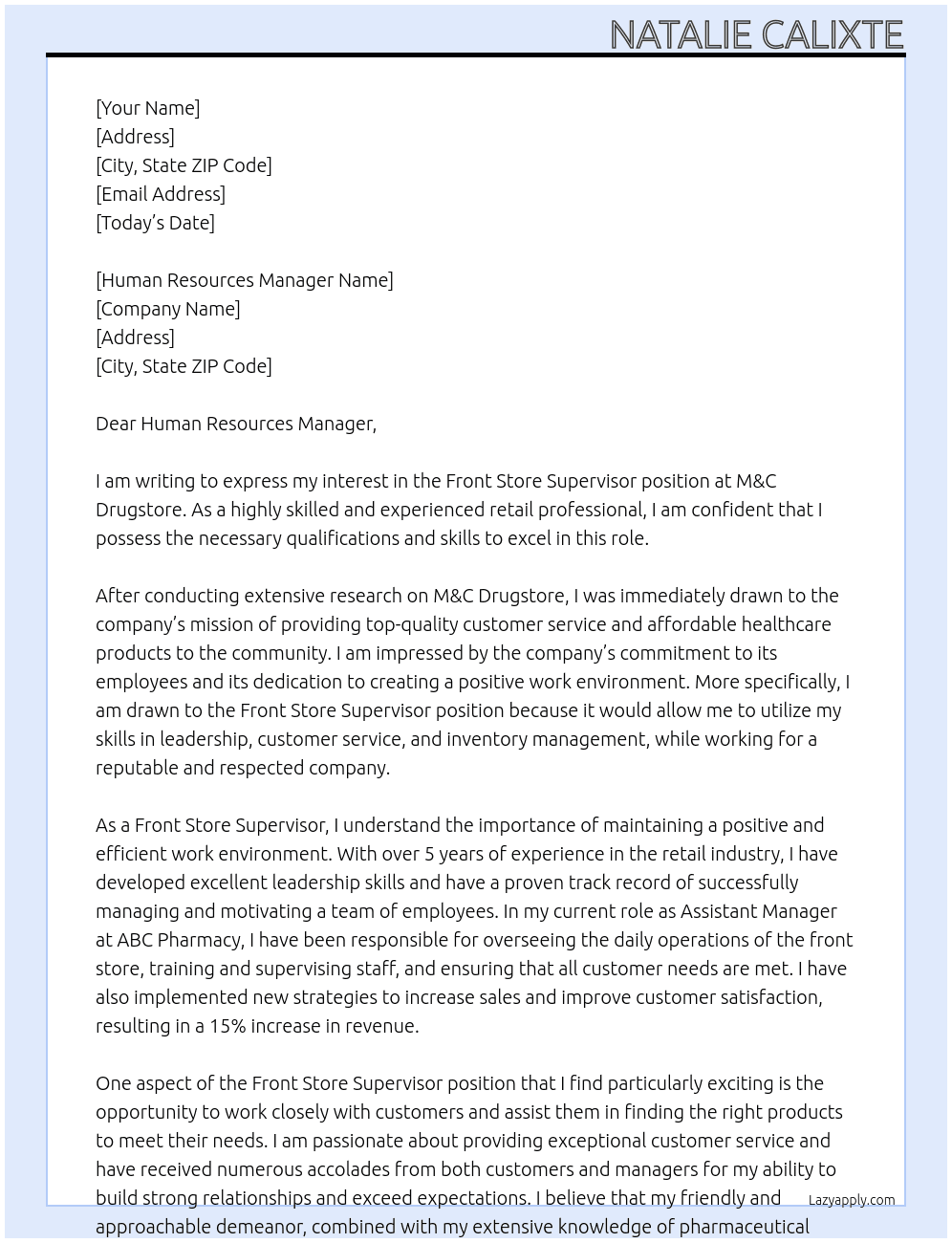 Front store supervisor  At M&C Drugstore Cover Letter