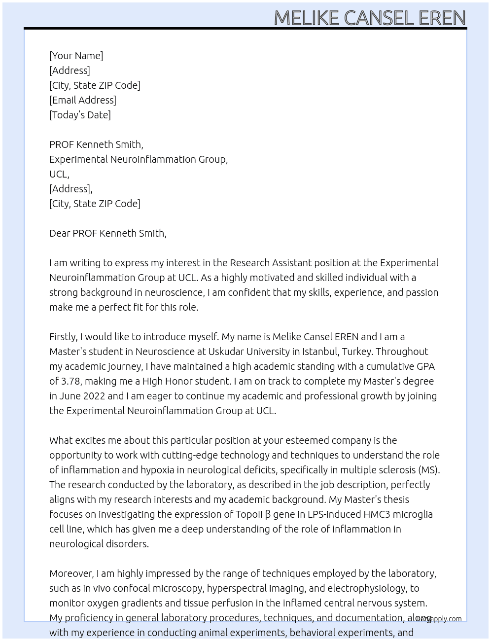 Research Assistant At Experimental Neuroinflammation Group -UCL Cover Letter