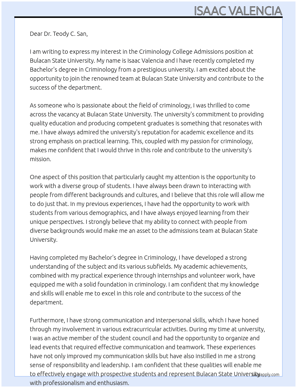 Criminology College Admition At Bulacan State University Cover Letter