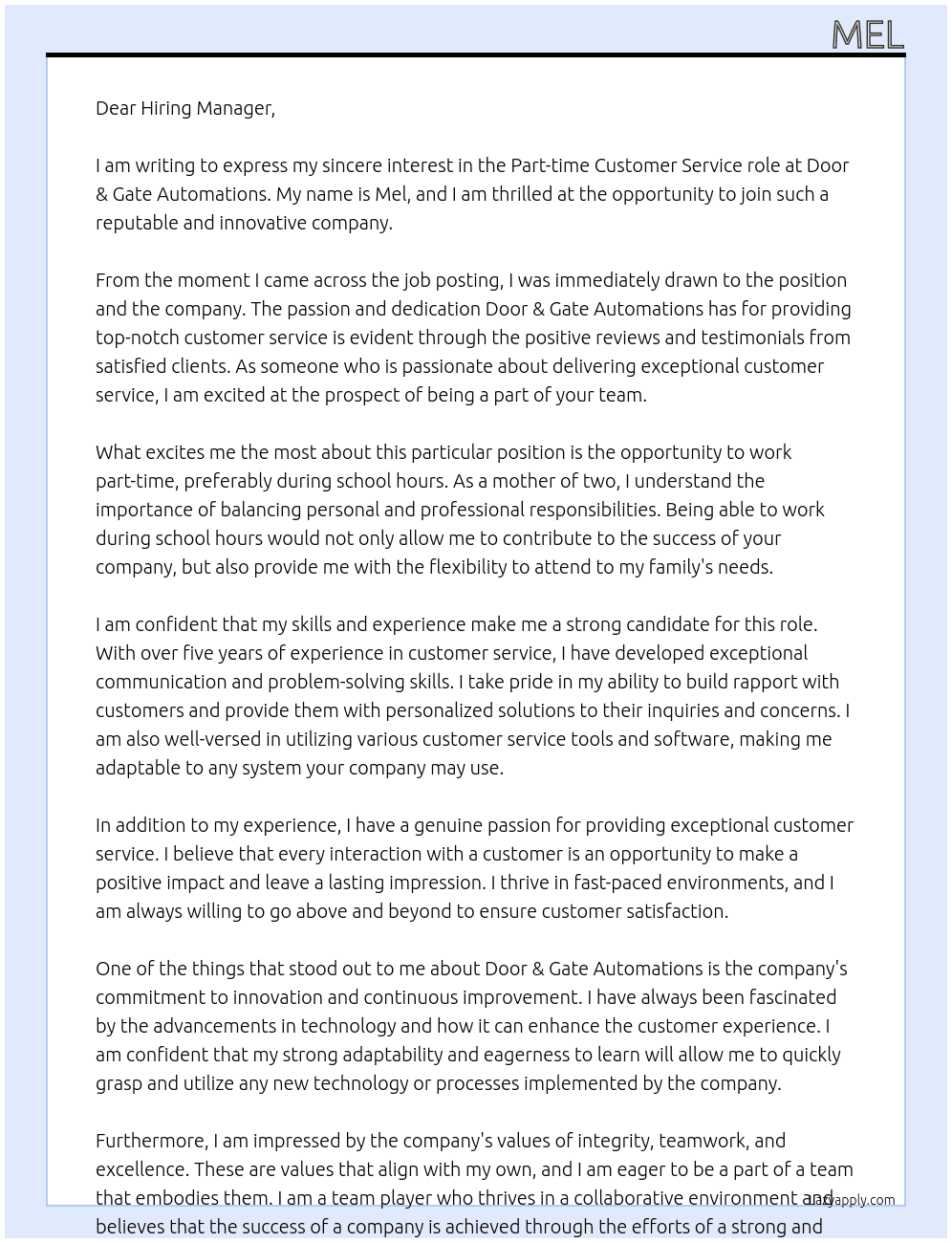 Customer Service  At Door & Gate Automations Cover Letter