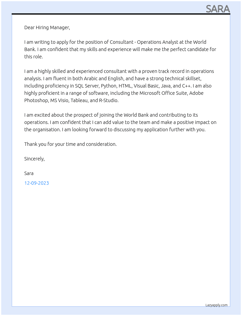 Consultant - Operations Analyst At World banck Cover Letter