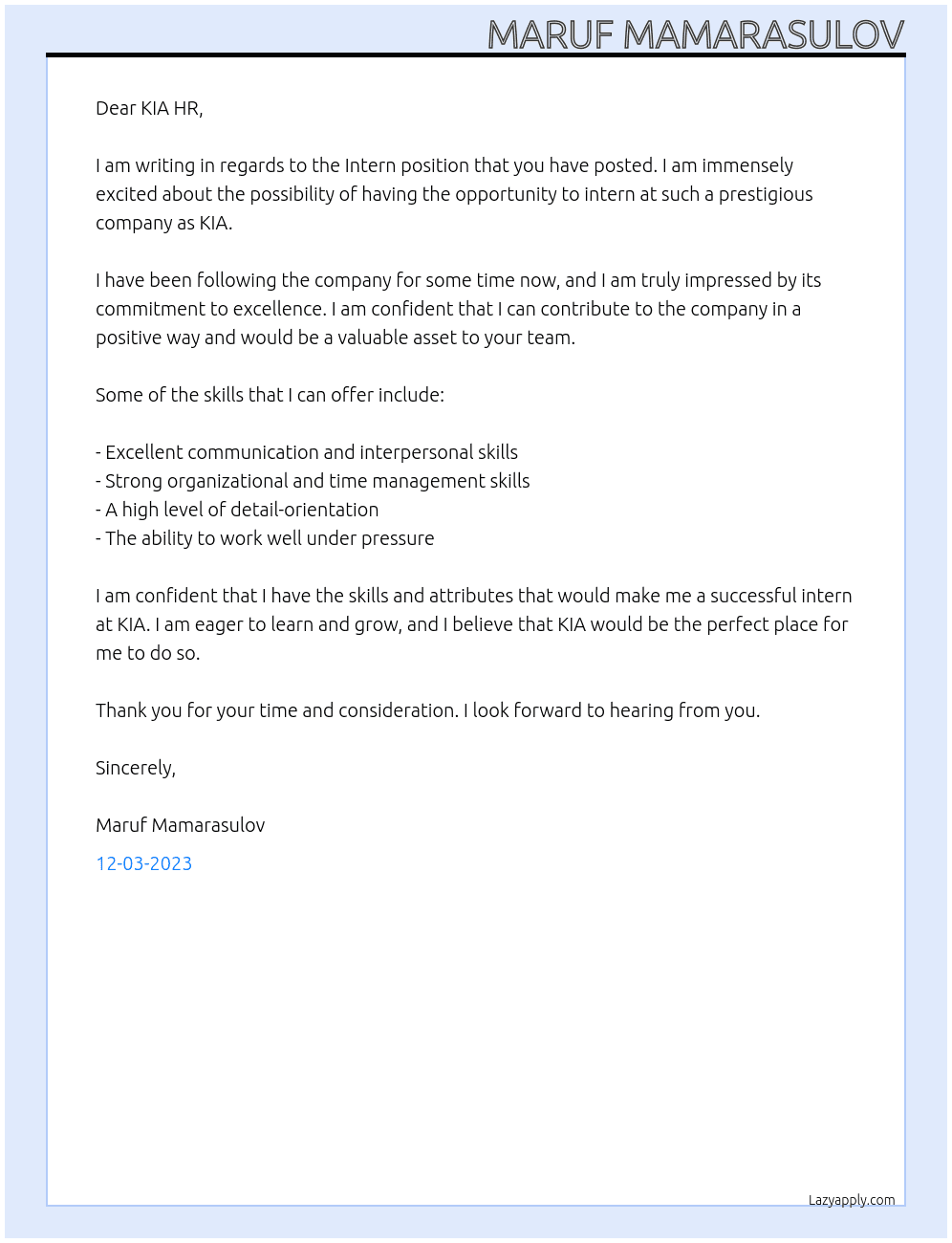 Intern At KIA  Cover Letter
