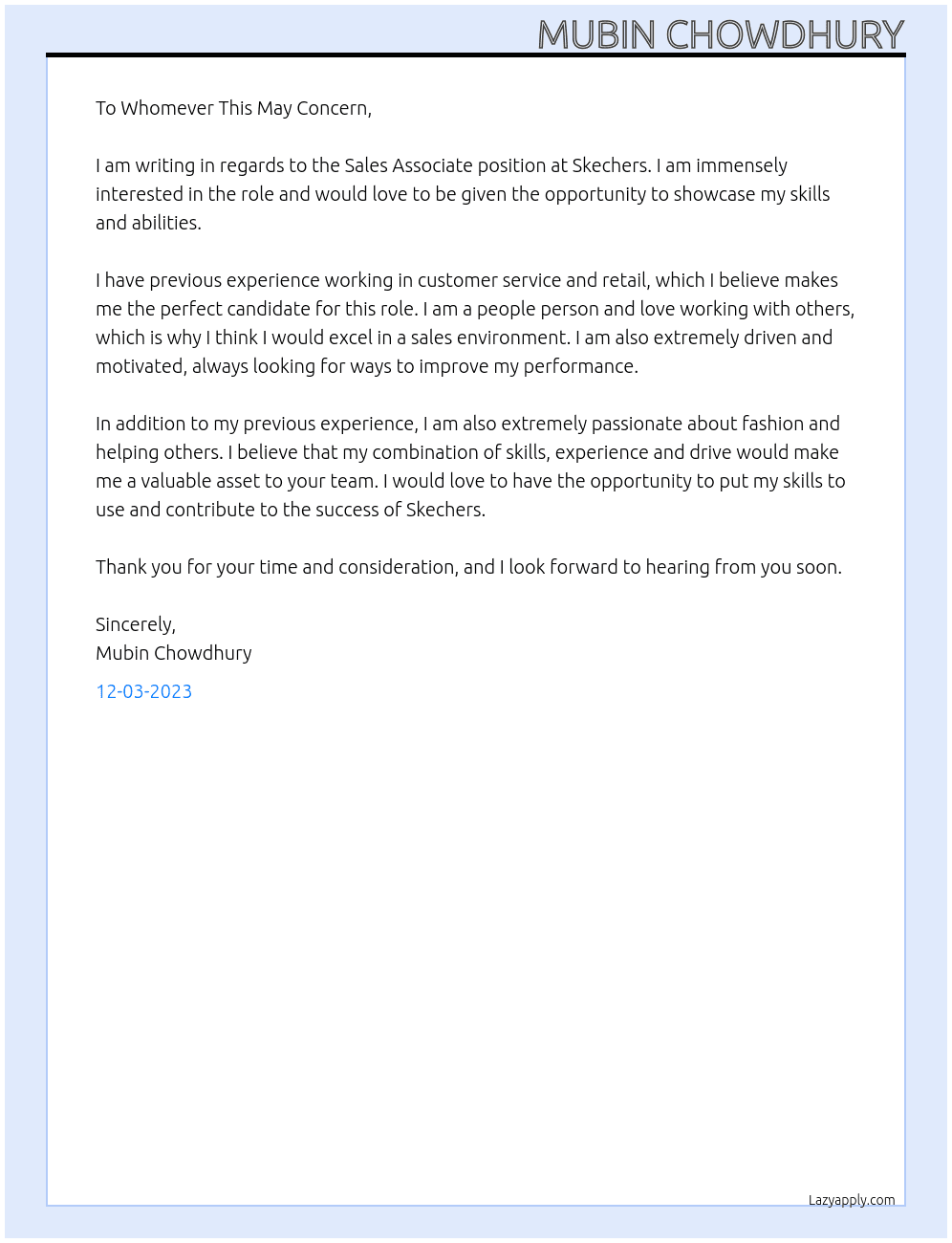 Sales Associates At Skechers Cover Letter
