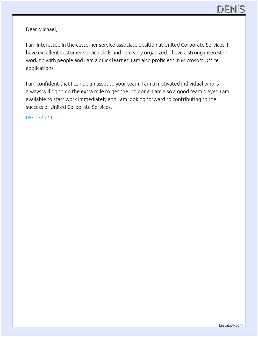 Customer Sevice associate At United Corporate Services Cover Letter