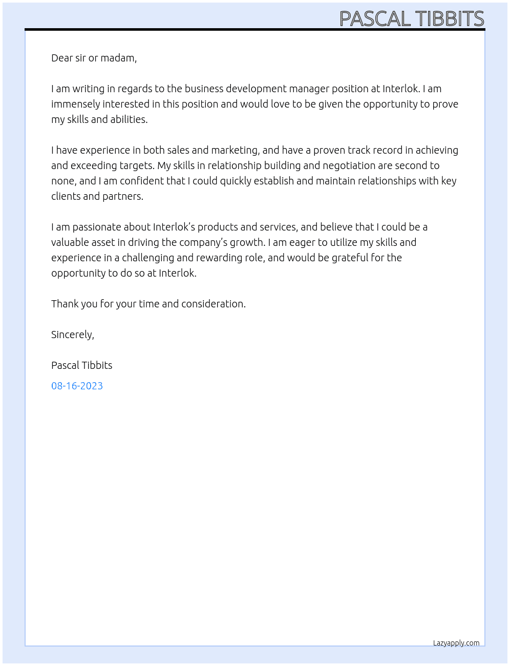 Business development manager At Interlok Cover Letter
