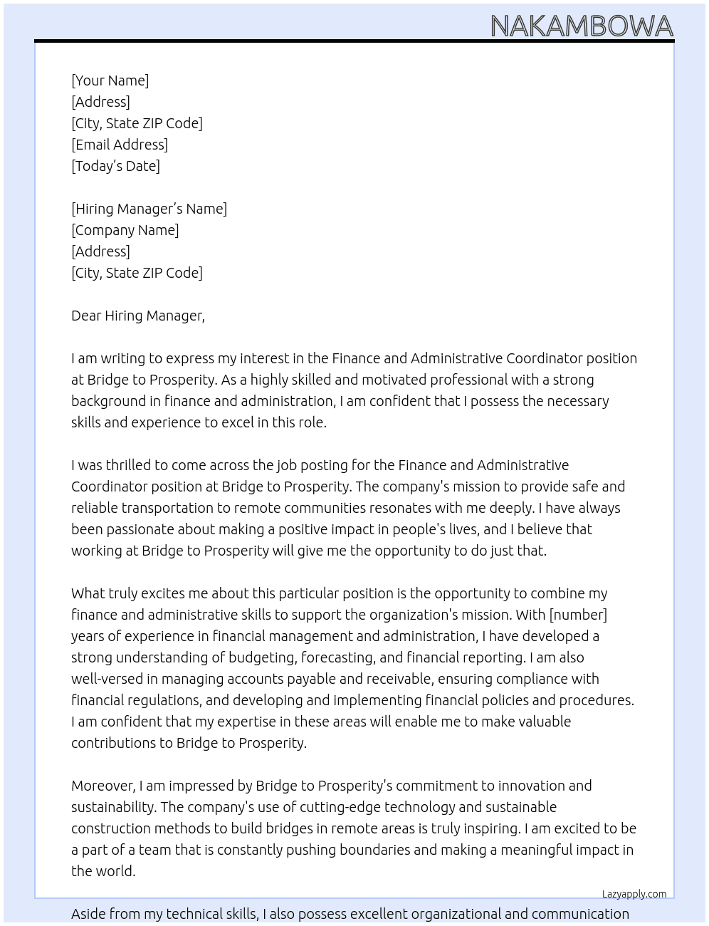 FINANCE AND ADMINISTRATIVE COORDINATOR At Bridge to Prosperity Cover Letter