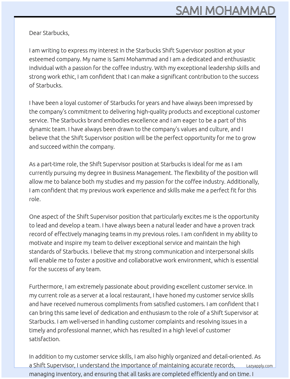 Starbucks Shift Supervisor At Starbucks Cover Letter