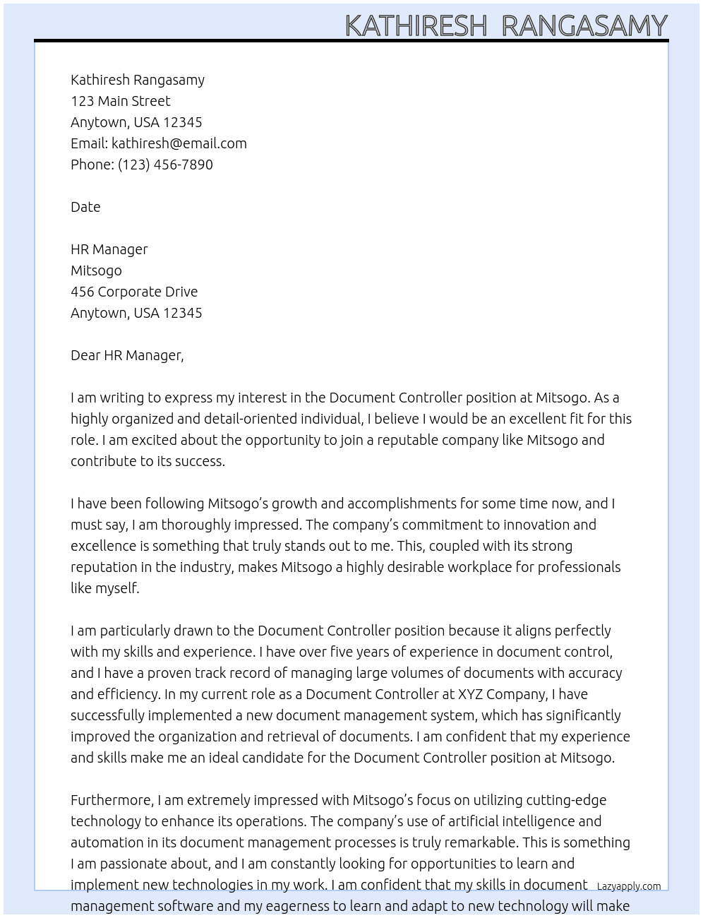 Document Controller At Mitsogo Cover Letter
