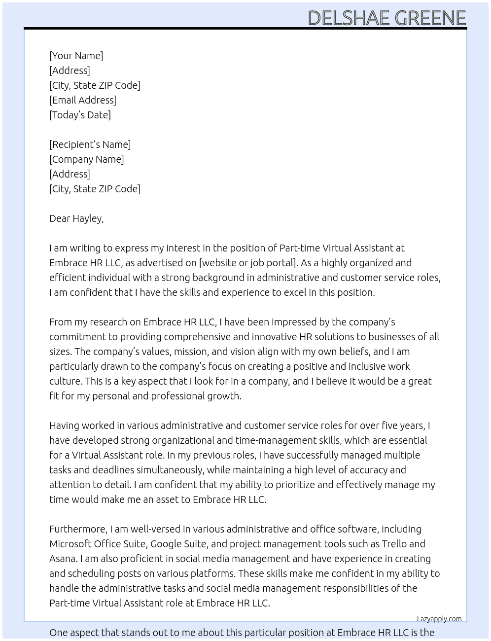 Part-time Virtual Assistant At  Embrace HR LLC Cover Letter