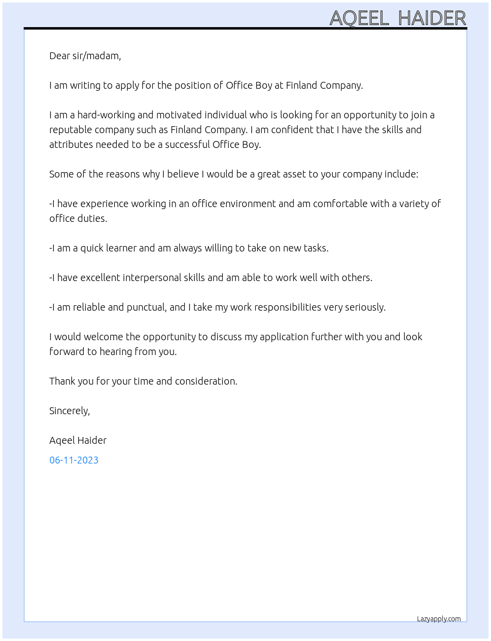 Office Boy At finland compnay  Cover Letter