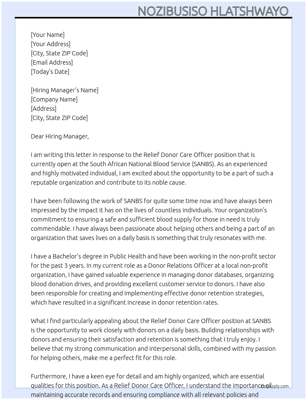 Relief donor care officer  At SANBS Cover Letter