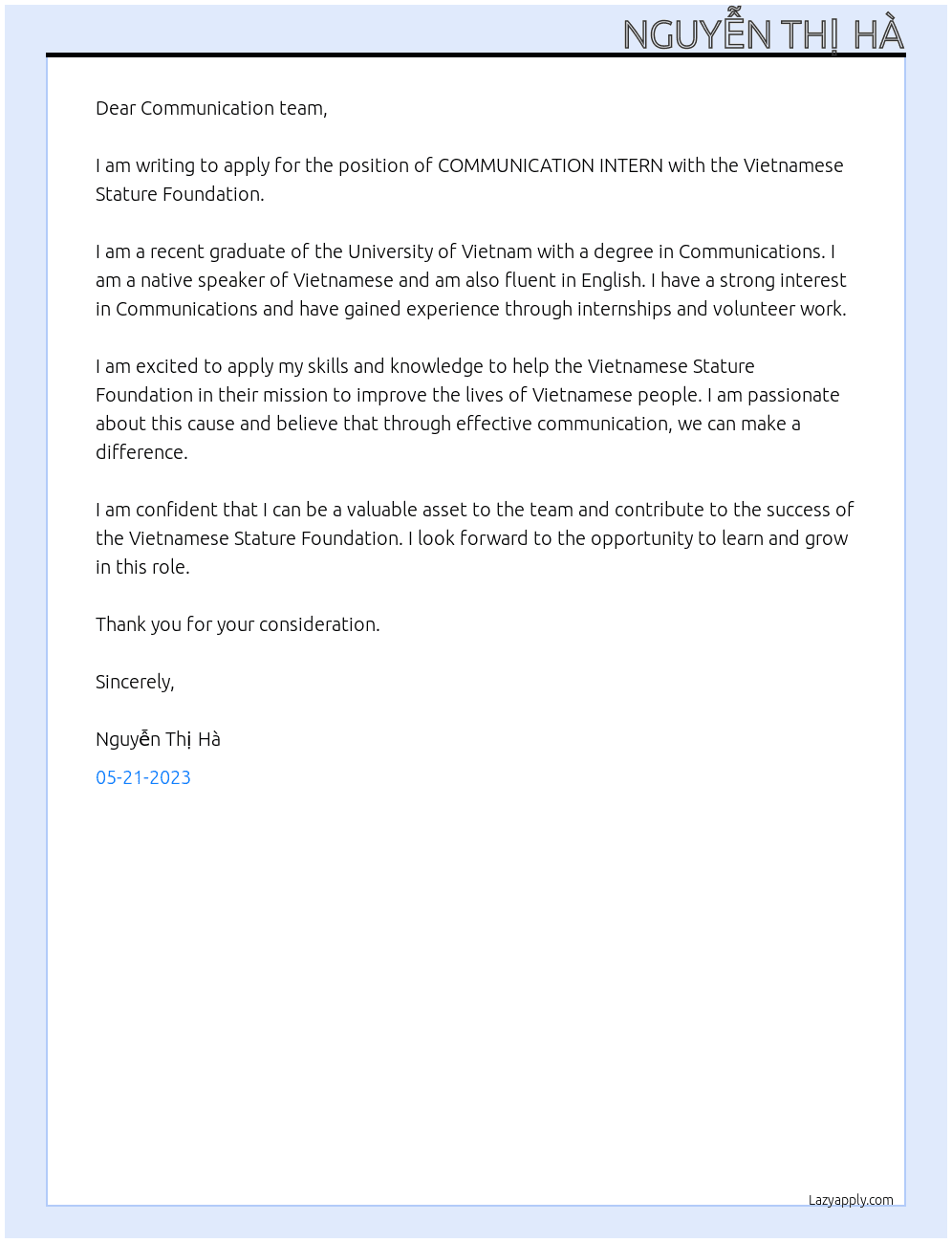 COMMUNICATION INTERN At Vietnamese Stature Foundation Cover Letter