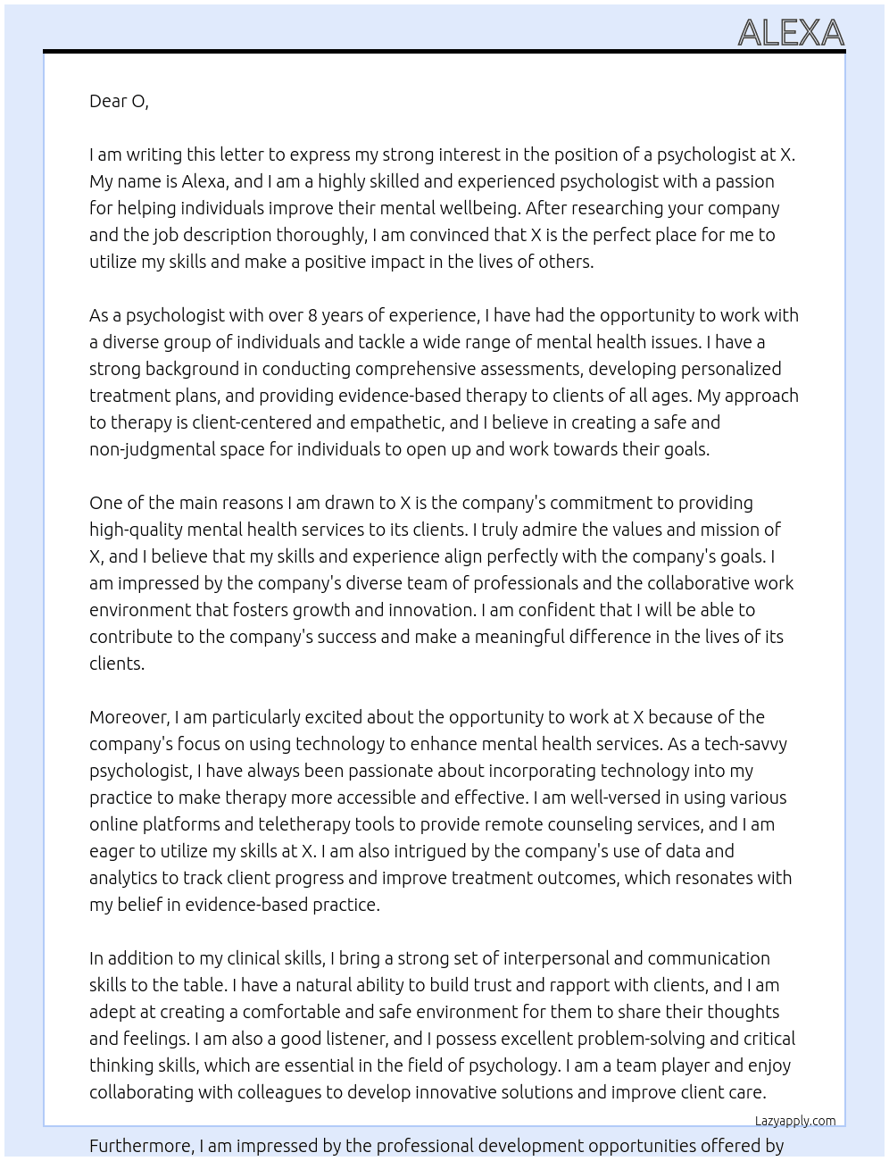 psychologist At X Cover Letter