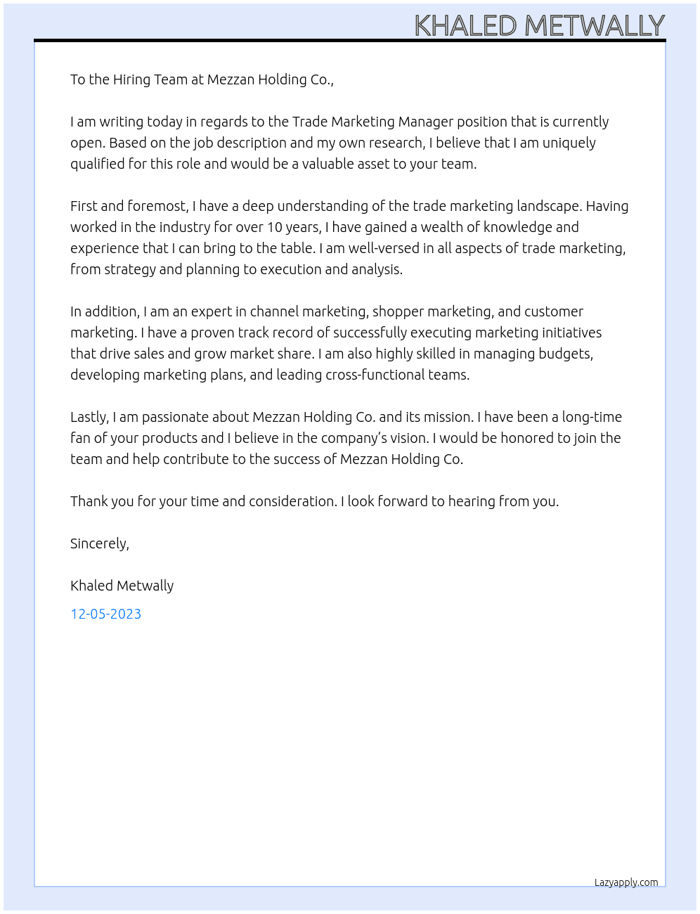 Trade Marketing Manager At Mezzan Holding Co. Cover Letter