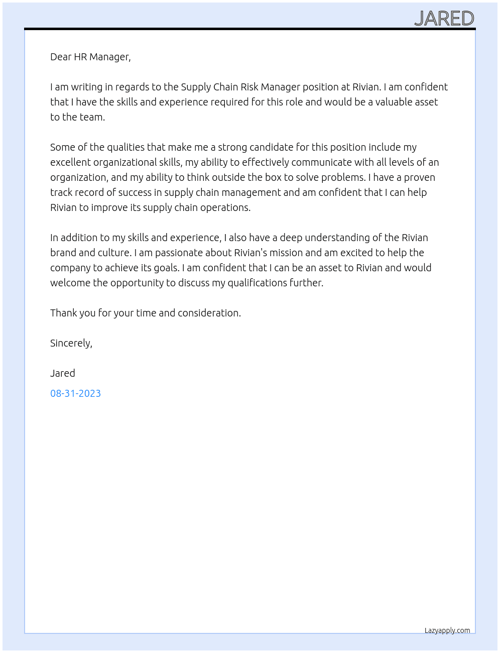 Supply Chain Risk Manager At Rivian  Cover Letter
