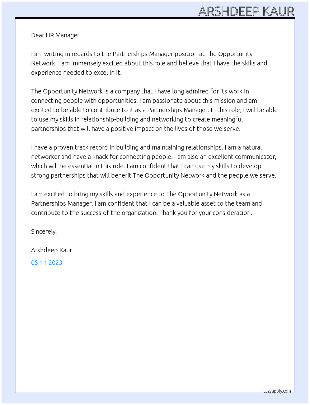 Partnerships Manager At The Opportunity Network Cover Letter