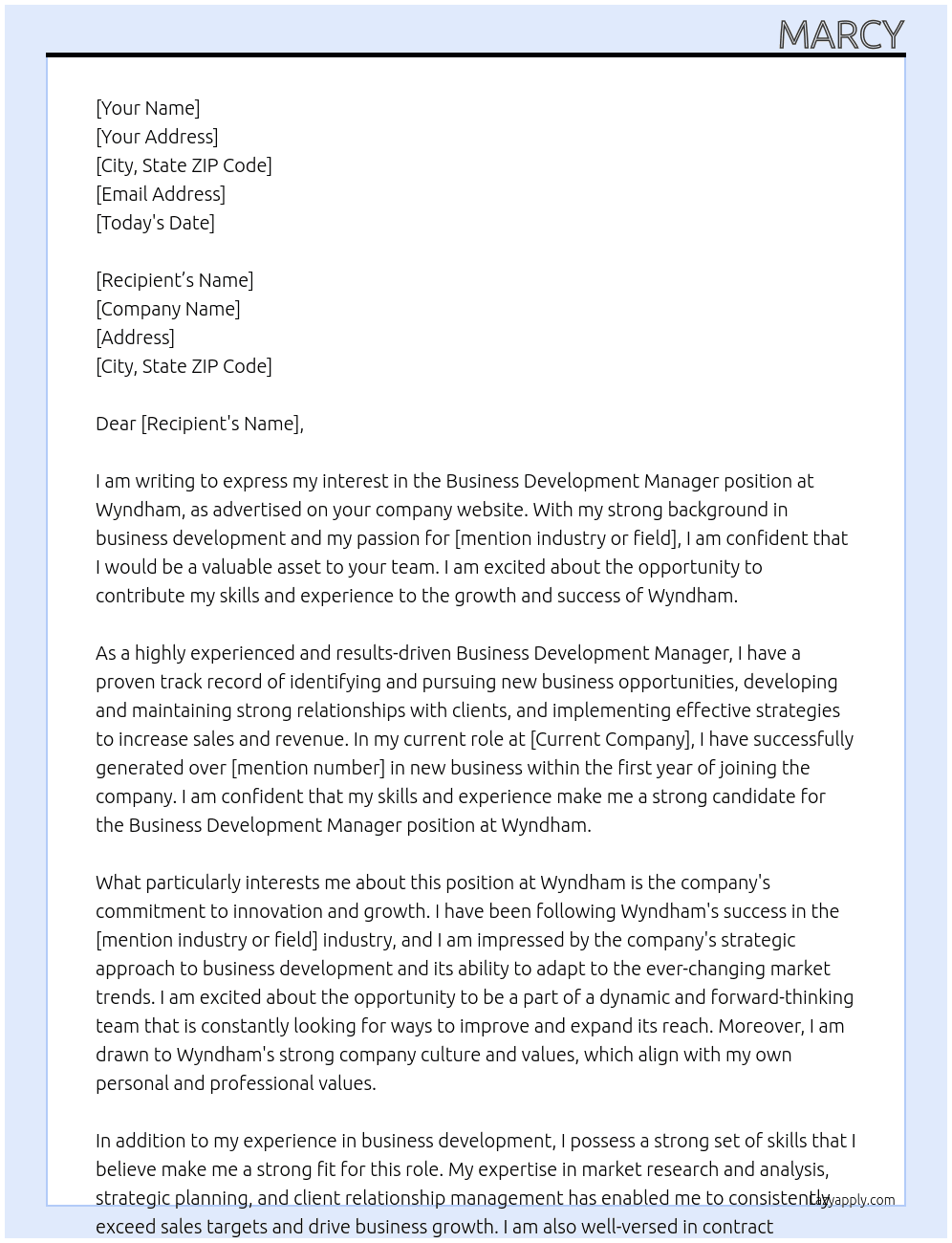 Business Development Manager At Wyndham Cover Letter