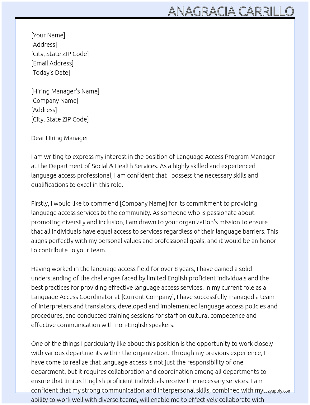 Language Access Program Manager  At Department of Social & Health Services Cover Letter