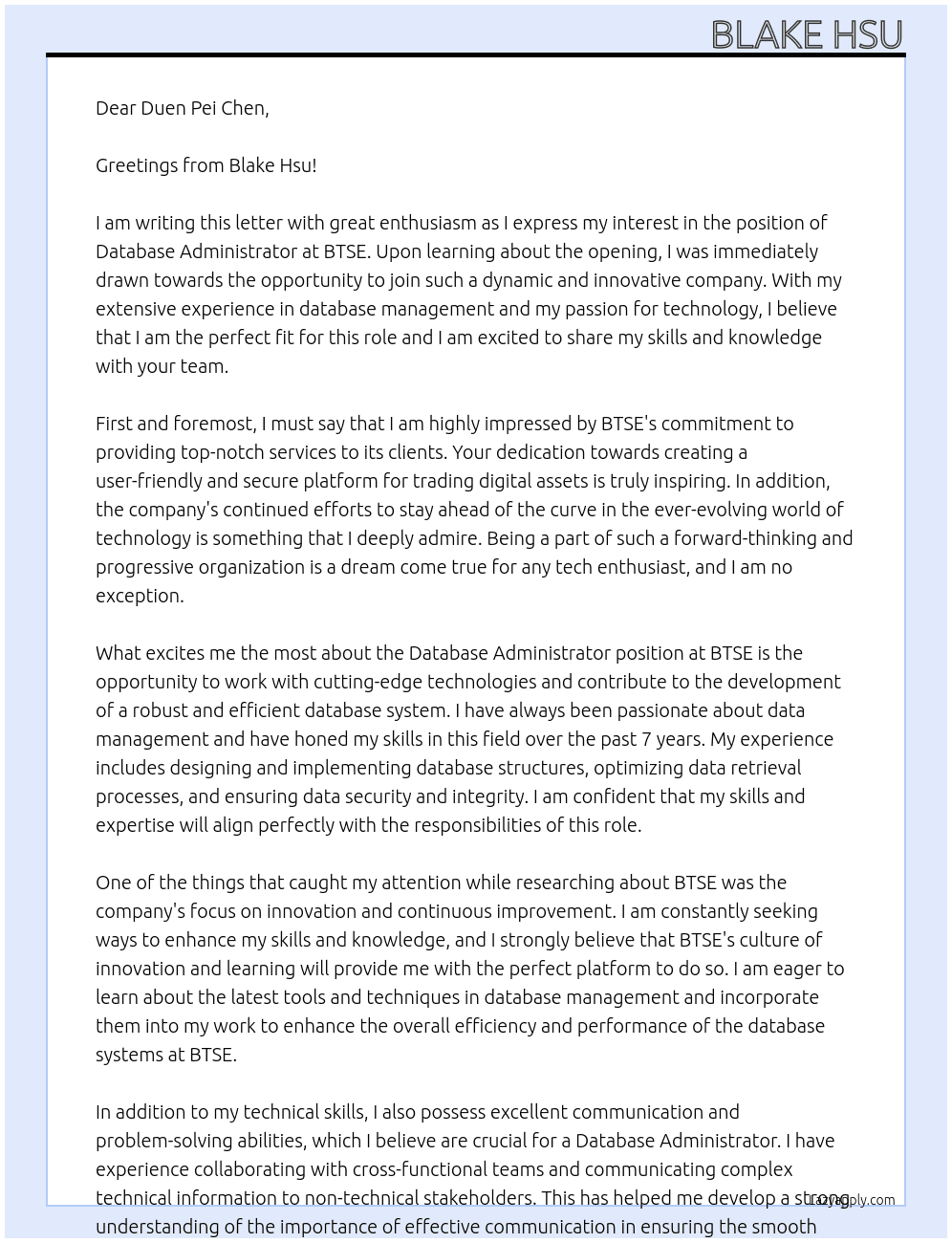 Database Administrator At BTSE Cover Letter