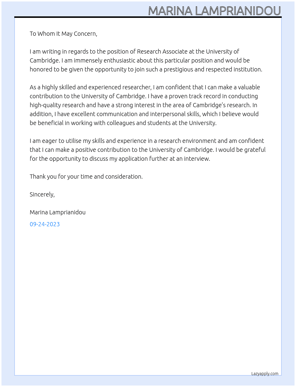 Research Associate At University of Cambridge Cover Letter