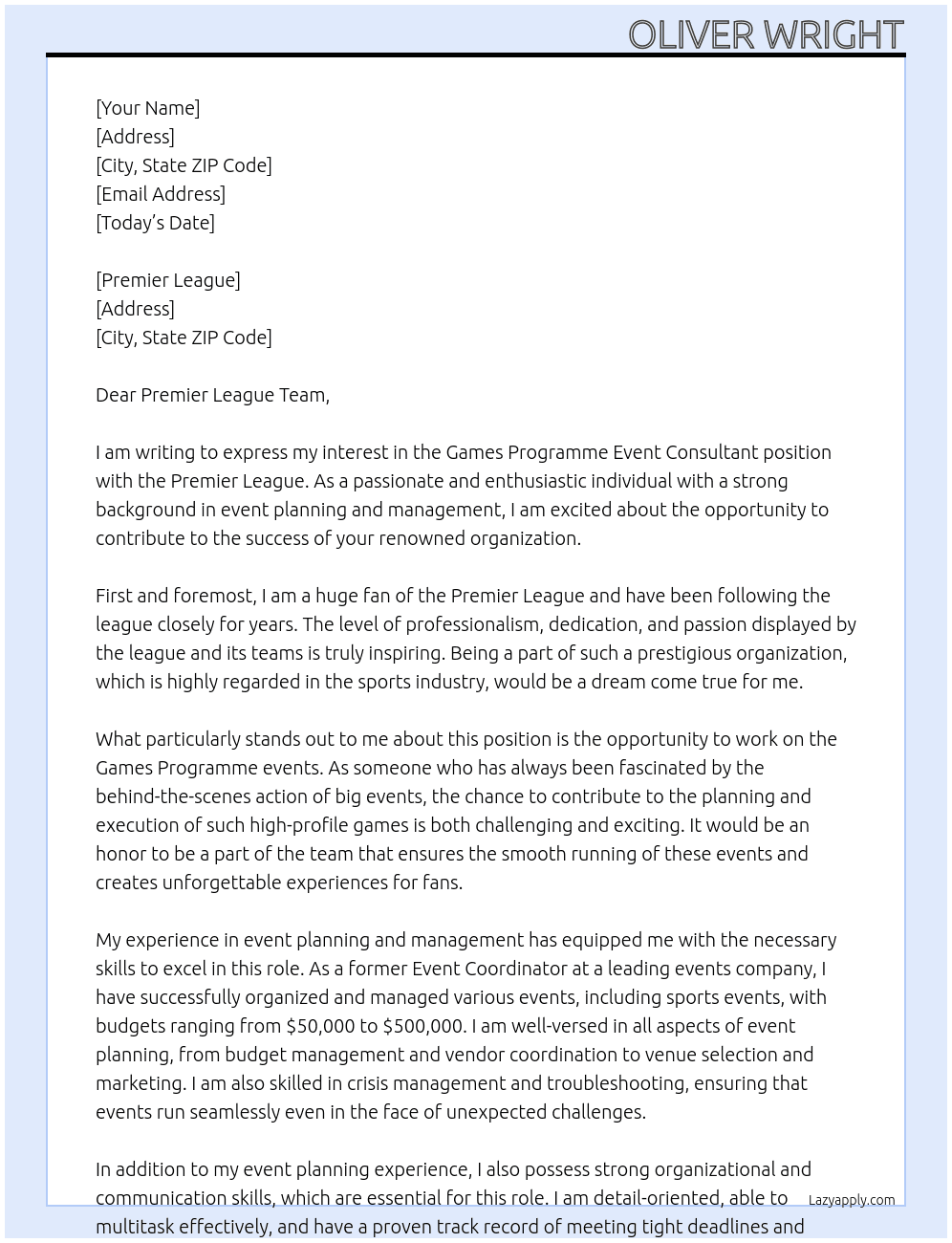 Games Programme Event Consultant At Premier League Cover Letter