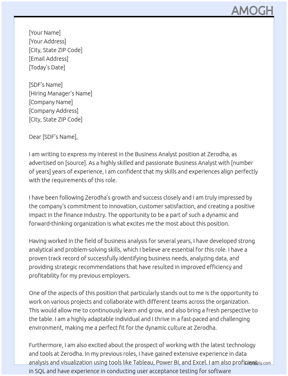 Business Analyst At Zerodha Cover Letter