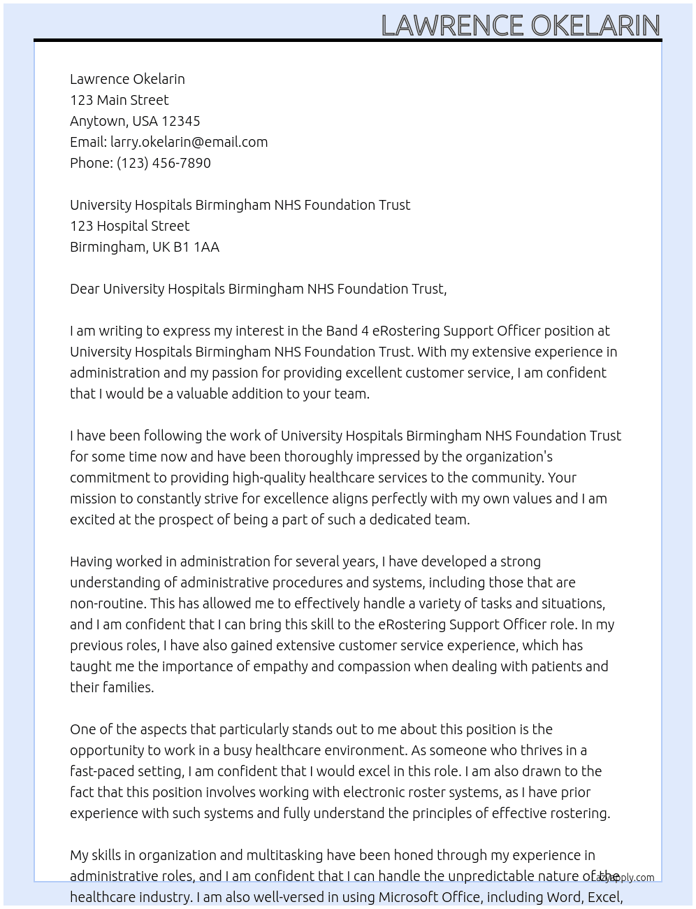 Band 4 eRostering Support Officer At University Hospitals Birmingham NHS Foundation Trust Cover Letter