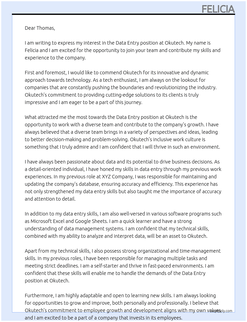 Data Entry At Okutech Cover Letter