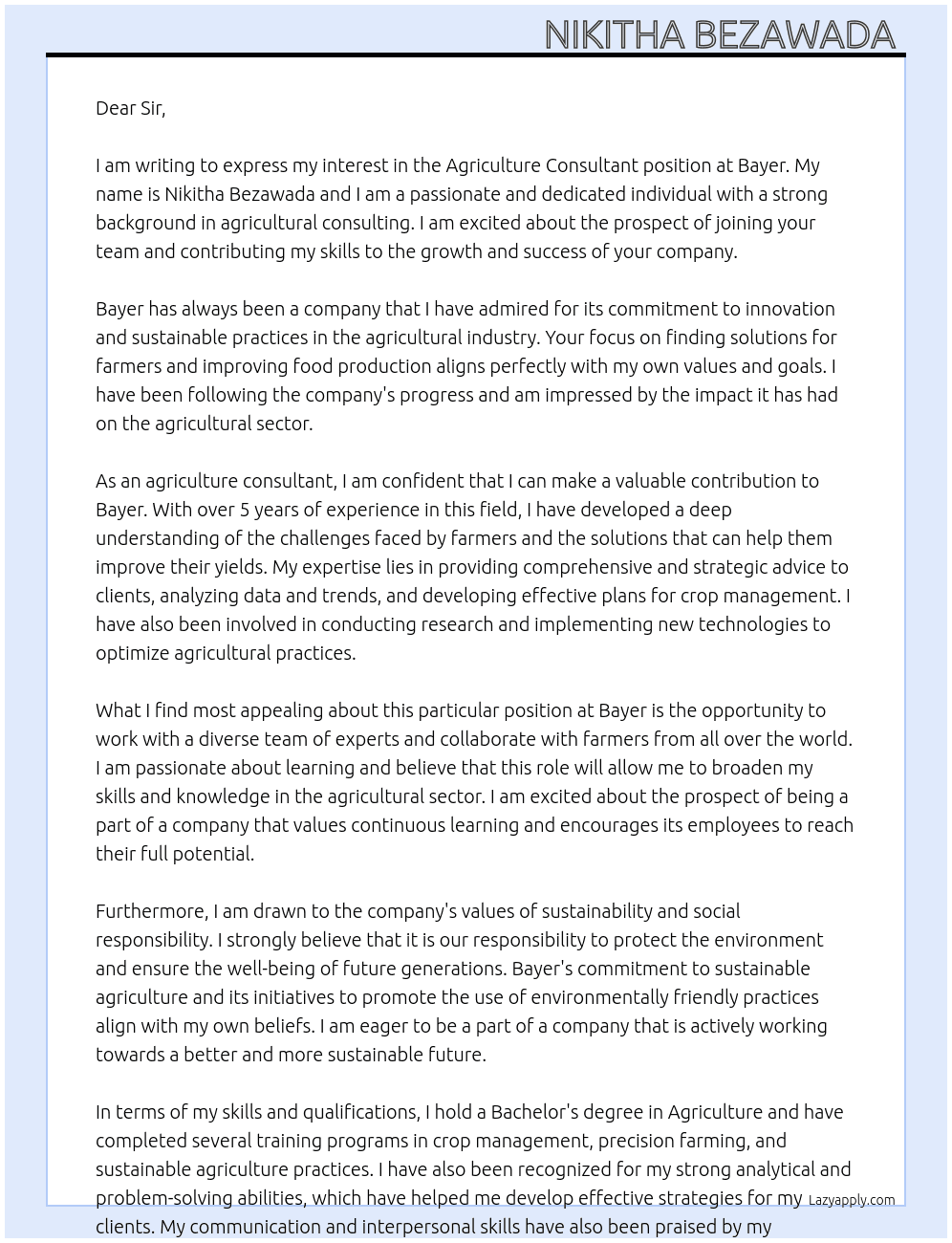 Agriculture consultant  At Bayer  Cover Letter