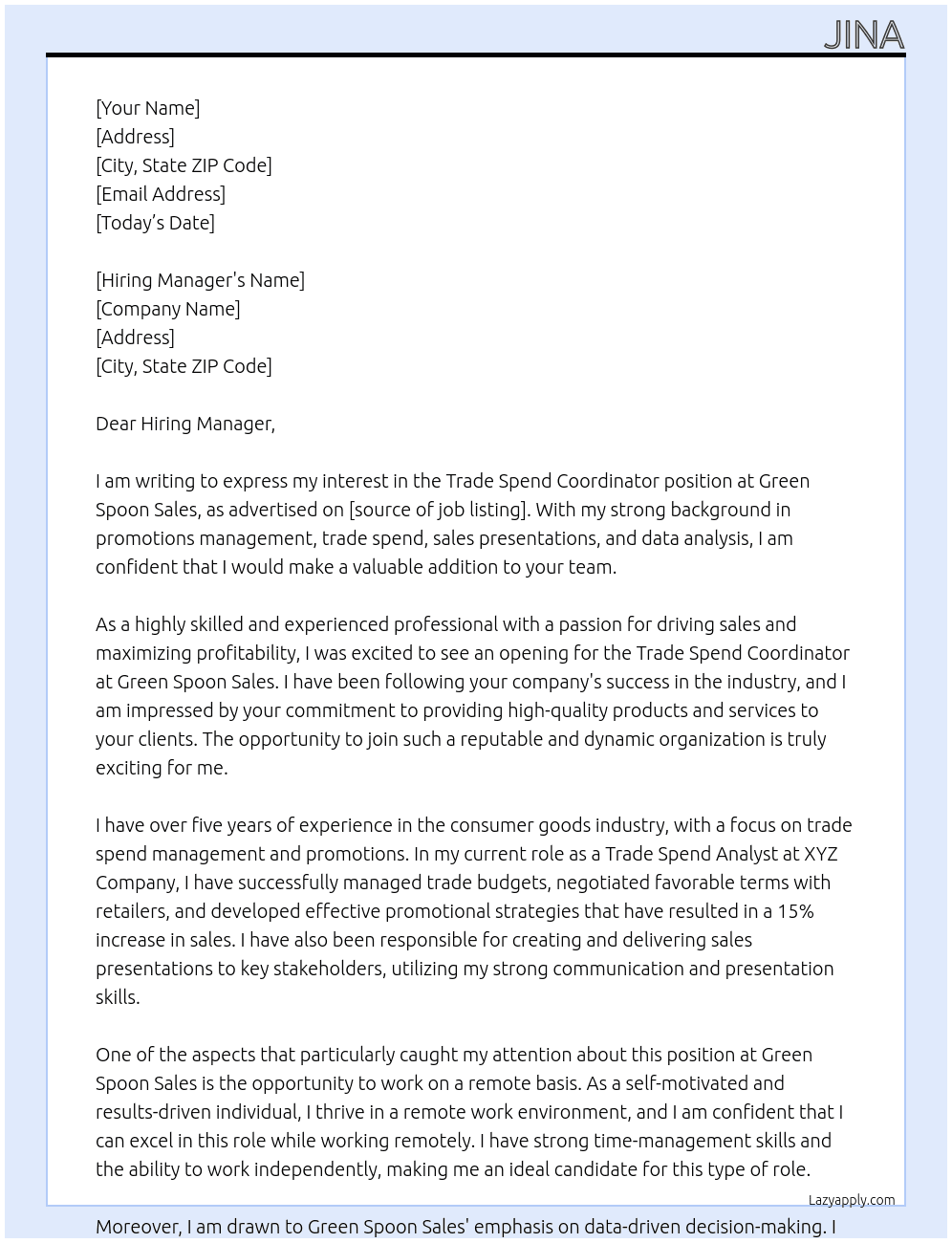 Trade Spend Coordinator At Green Spoon Sales Cover Letter