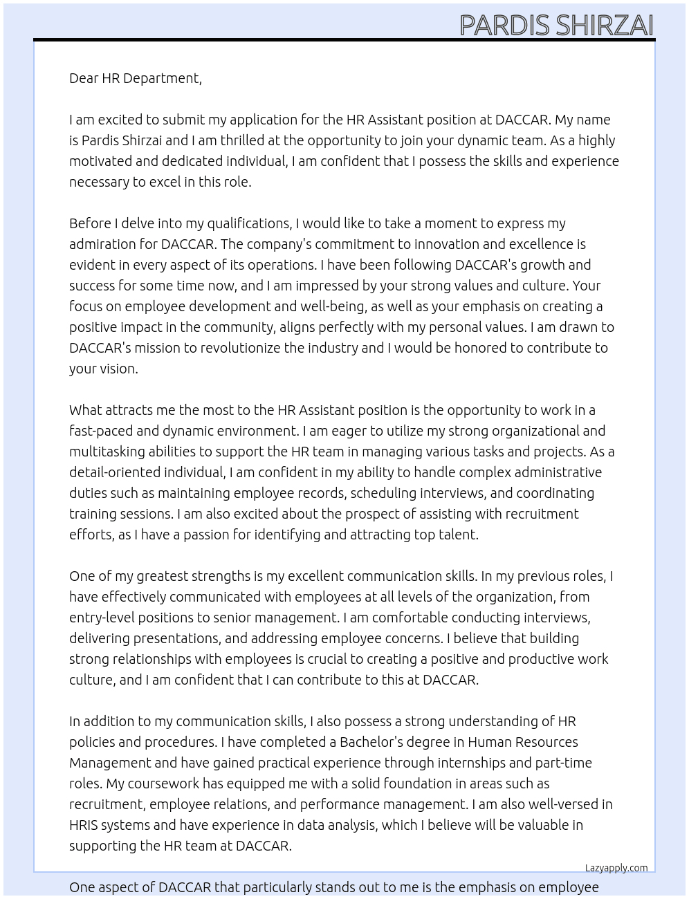 HR Assistant At DACCAR Cover Letter