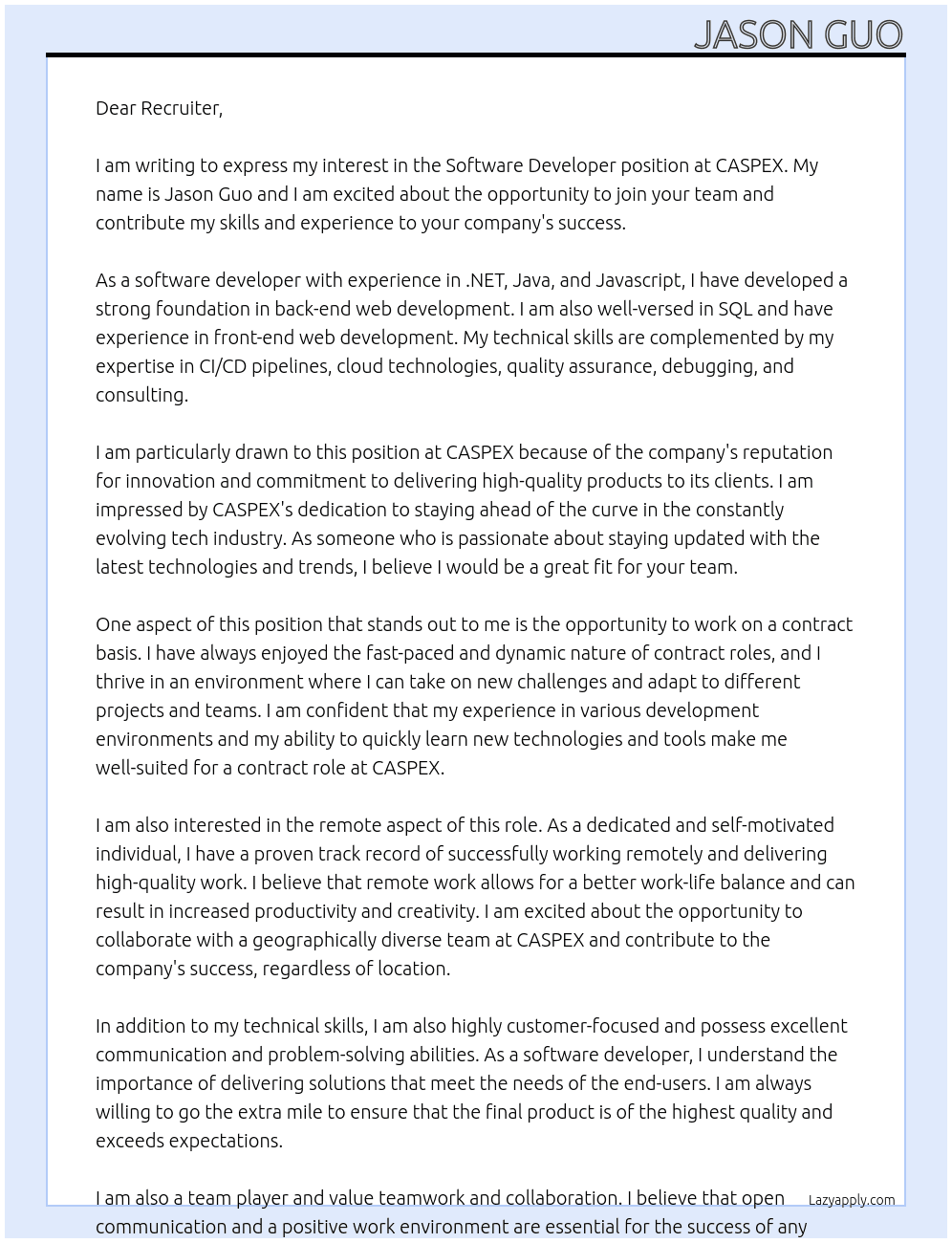 Software Developer At CASPEX Cover Letter
